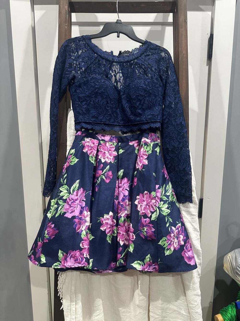 Sequin Hearts Navy Blue Glitter Lace Long-Sleeve Crop Top & Floral Print Skirt